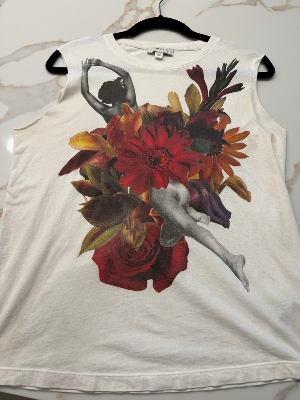 Diesel White Tank with Red, Orange & Yellow Floral Ballerina Print